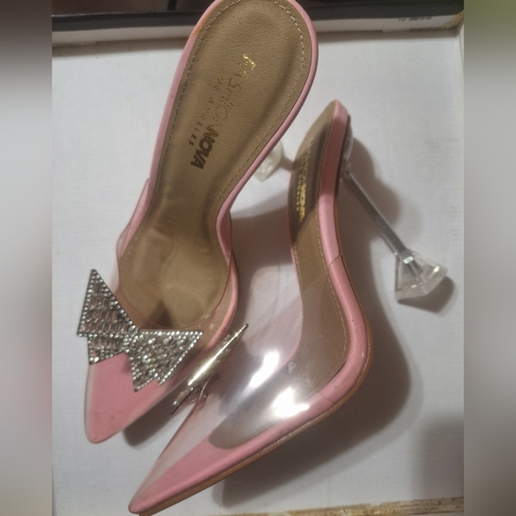Fashion Nova Pink and Clear Heels with Rhinestone Bow Sz 8.5 - Picture 2 of 6